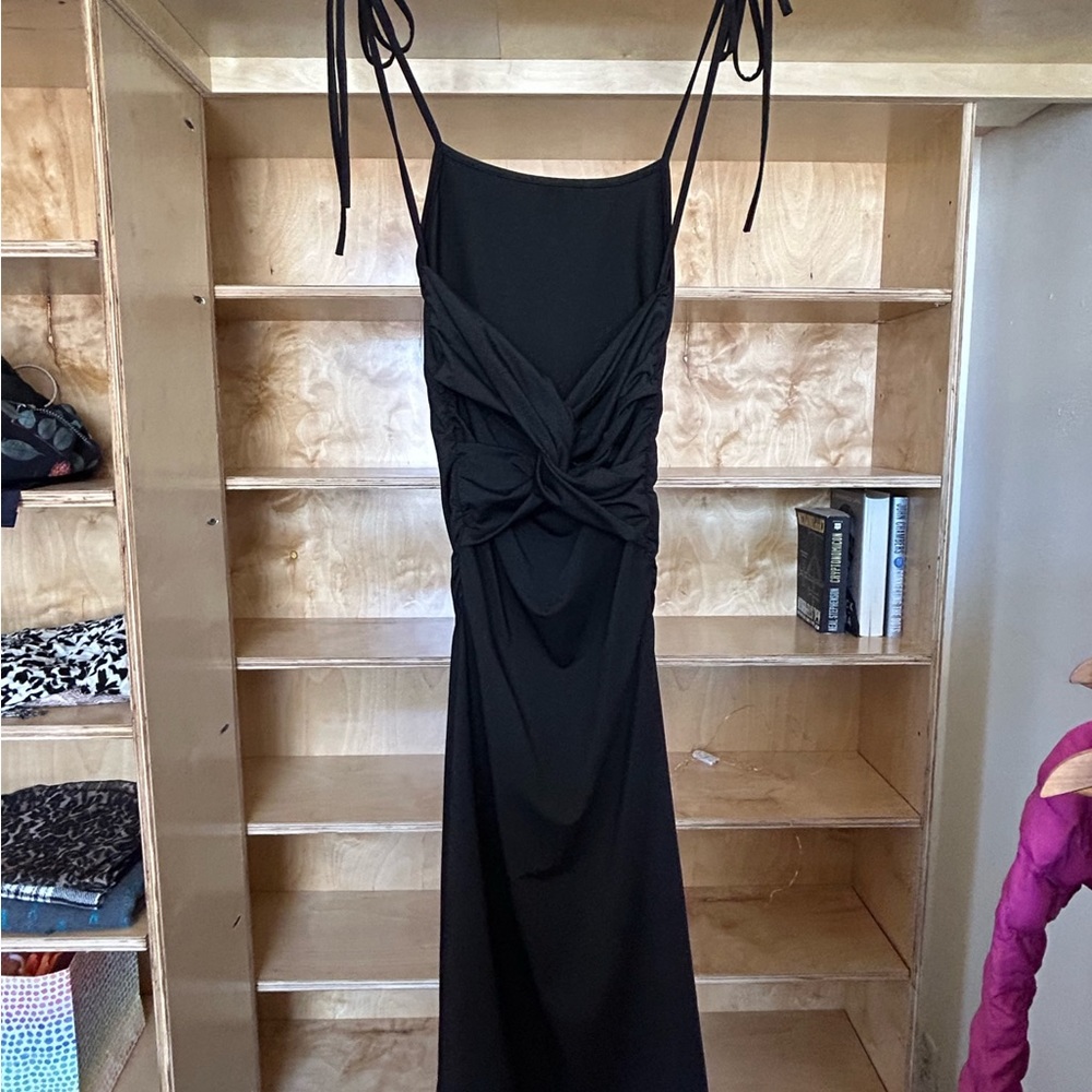 Black low back ruffled spaghetti strap maxi